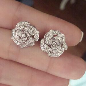 Rose Shaped Women Jewelry Romantic 925 Silver Stud Earrings Cubic Zircon Jewelry