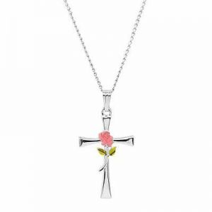 Finecraft Painted Rose Cross Pendant Necklace in Sterling Silver, 18"