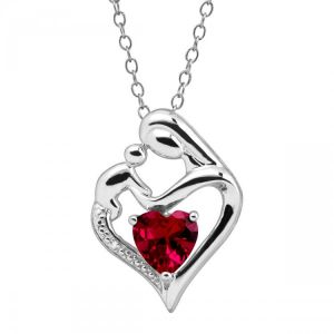 Finecraft Gemstone Mother & Child Heart Necklace with Diamond in Silver, 18"